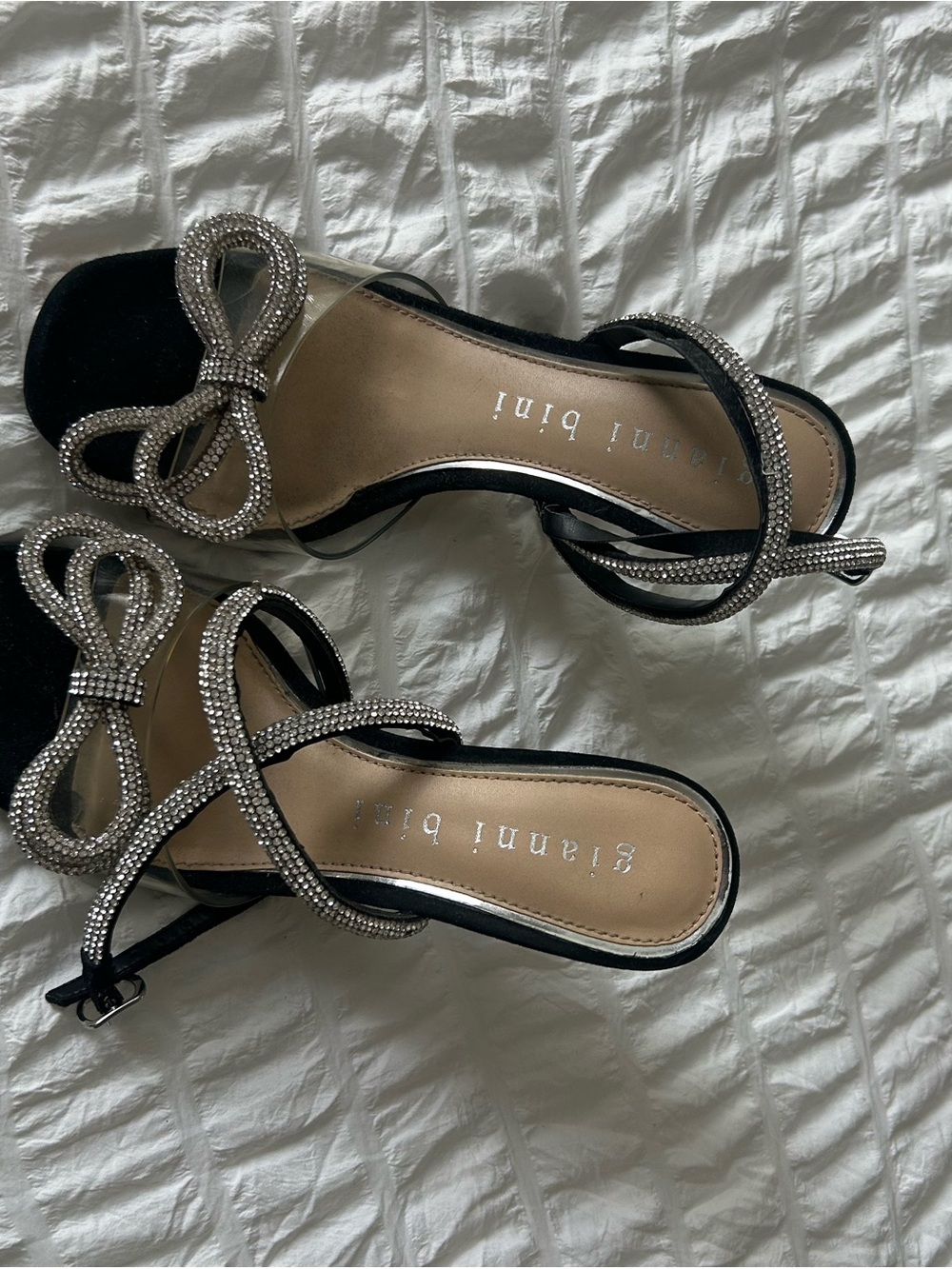 Gianni Bini Black Heeled Sandals with Crystal Bow Accent